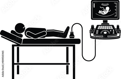 Pregnant woman receiving ultrasound examination in medical clinic, fetal imaging procedure with monitor showing baby scan in healthcare diagnostic illustration
