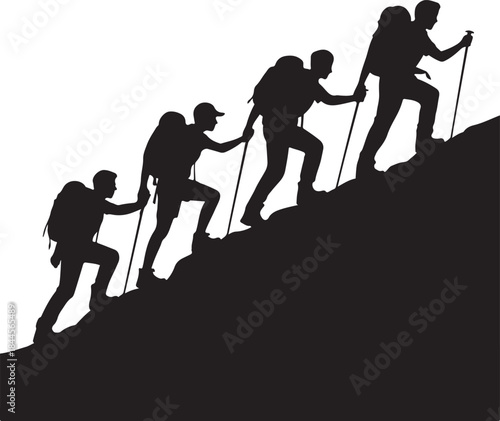 Set of silhouetted team of hikers climbing up a mountain