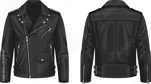 Black leather biker jacket fashion illustration, front and back view, asymmetrical zipper, silver hardware, structured panels, garment construction vector