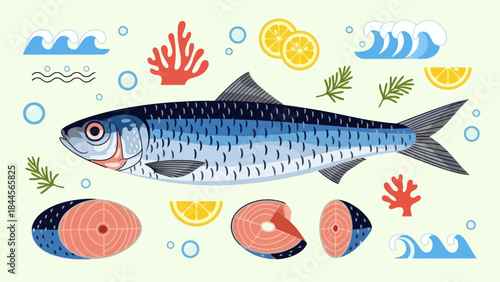 Colorful illustration of fresh mackerel fish with citrus slices and ocean