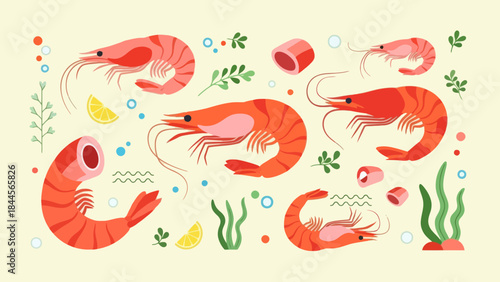 Colorful Illustration of Fresh Prawns with Vegetation and Lemon Slices for