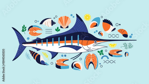Vivid Illustration of Various Marine Creatures and Aquatic Life Forms