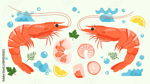 Fresh baked seafood shrimp with lemon slices and herbs in a bowl