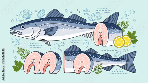 Illustration of Fresh Fish Fillets and Whole Fish with Lemon and Herbs