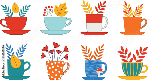 Cute Decorative Cup Planter Set with Colorful Leaves and Flowers in Modern Flat Vector Illustration