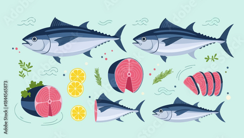 Freshly Caught Fish with Lemon Slices and Sashimi Pieces Illustration