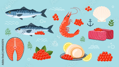 Colorful Ocean Food and Marine Life Illustration Featuring Fish Shrimp and