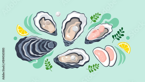 Delicious Fresh Oysters and Seafood with Lemon and Green Garnishes