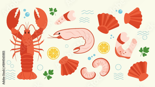 Colorful seafood and shellfish assortment with lemon and greenery