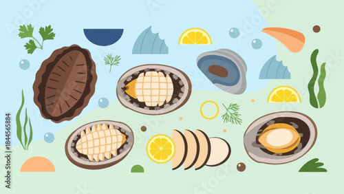 Assorted Fresh Seafood and Shellfish Varieties Arranged on a Light Blue Surface