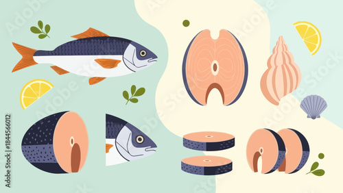 Assorted seafood illustration with fish, shells, and citrus slices for