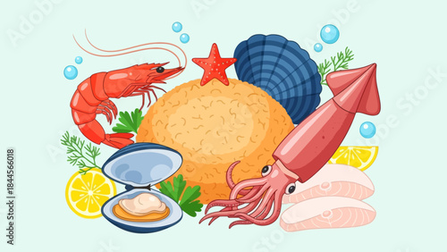 Seafood platter with lobster shrimp oysters clam squid lemon and garnishes in