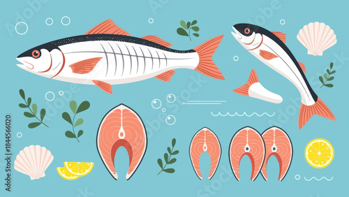 Vibrant aquatic scene featuring various fish and marine elements in a stylized