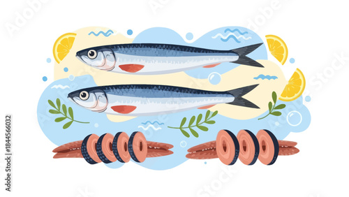 Fresh fish with lemon slices and vegetables arranged for cooking or serving