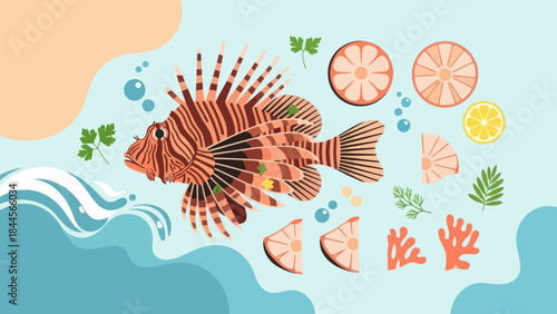 Colorful marine scene featuring a striped lionfish among coral and citrus slices