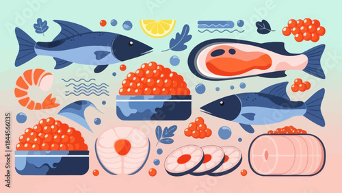 Colorful Illustration of Fresh Seafood and Seafood Dishes with Seafood