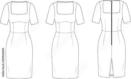 Fitted short-sleeved dress technical fashion sketch, front, side, back views, square neckline, princess seams, back slit, garment construction vector