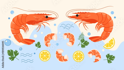 Fresh Seafood Lobster and Shrimp with Lemon and Herbs Illustration