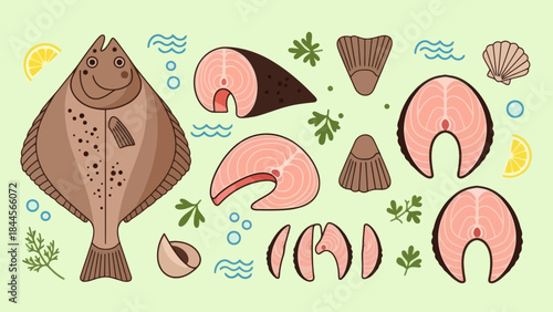Illustration of Fresh Fish and Seafood Ingredients for Culinary Preparation
