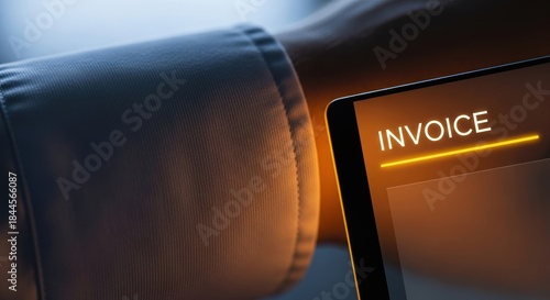 Businessman checking digital invoice displayed on glowing tablet screen, for modern electronic billing, financial accountability, efficient payment processing, comprehensive bookkeeping