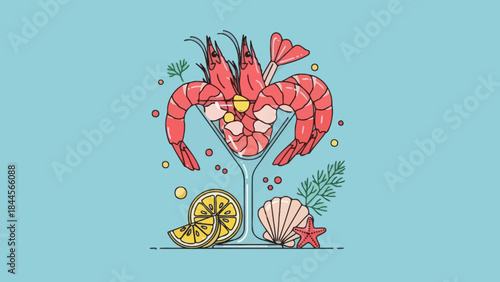 Creative Illustration of a Shrimp Cocktail with Lemon and Shell accents for