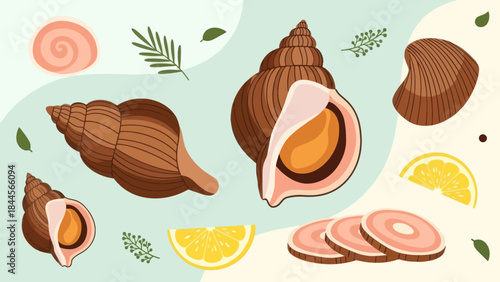 Delicious and Fresh Sea Snails with Lemon and Herbs Illustration