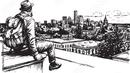 Man sitting with a backpack, enjoying a city view. Black and white skyline vector illustration with an urban landscape.