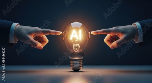 Business hands pointing toward glowing light bulb with ai acronym displayed inside, for ignition artificial intelligence ideas, technological innovation, collaborative digital solutions for