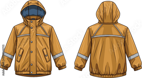 Hooded jacket fashion illustration, front and back view, reflective safety strips, flap pockets, elastic cuffs, garment construction vector template