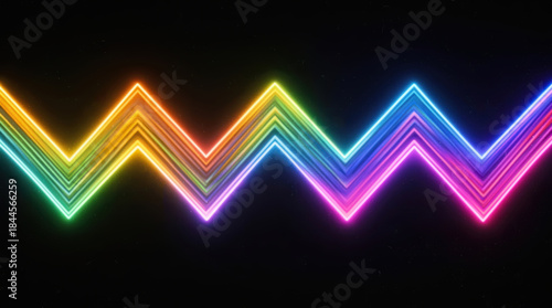 An electrifying abstract composition featuring a vibrant neon gradient zigzag line, glowing brightly against a dark backdrop with a subtle film grain effect.