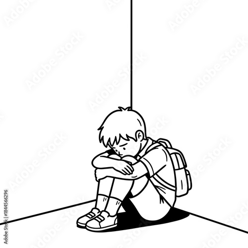 Black and white line art illustration of a dejected student with backpack sitting alone in corner. Perfect for anti-bullying campaigns, mental health awareness, education materials, and social issues 