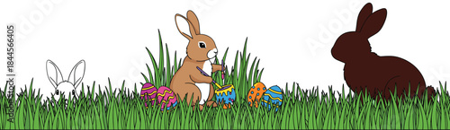 Cute Easter Bunny Hunting Colorful Eggs in Grass with Rabbit Silhouettes in Festive Cartoon Vector Illustration