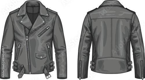 Leather biker jacket fashion illustration, front and back view, asymmetrical zipper, flap pocket, belt straps, garment construction vector template