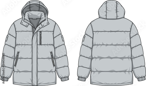 Puffer jacket technical fashion sketch, front and back view, hooded design, quilted insulation, zip pockets, garment construction vector template