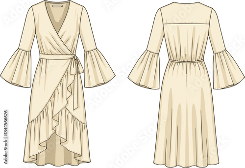 Ruffled wrap dress technical fashion sketch, front and back view, layered hem design, flared sleeve, elegant garment construction vector template