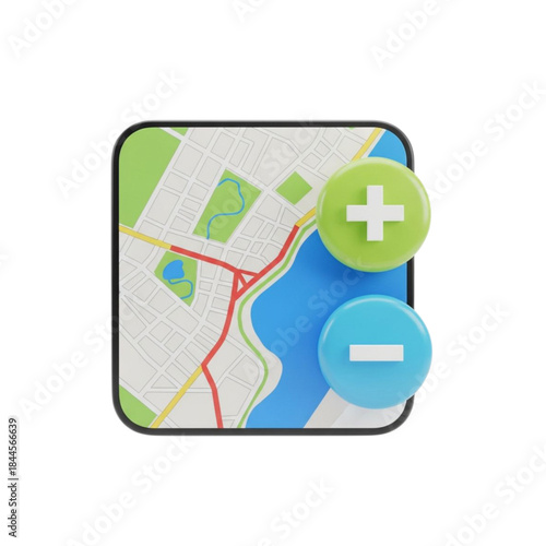 3D Map Icon with Plus Sign for Adding New Location, Route Creation, or Zoom In Map View