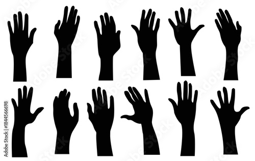 collection of wavey hand , hands up , showing five finger with no background  black vector graphics resources