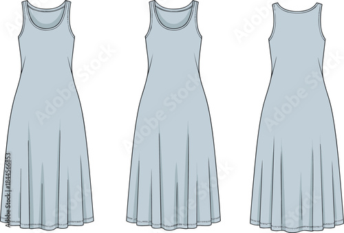 Sleeveless dress illustration, scoop and high neck variations, fitted bodice, flared skirt, technical fashion sketch, front view, vector garment template