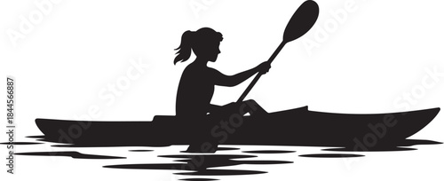 Woman kayaking on calm water solo paddle adventure silhouette vector 