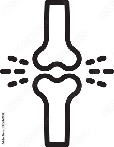 Human knee joint with dash-style radiating pain, minimal line-art black and white vector illustration