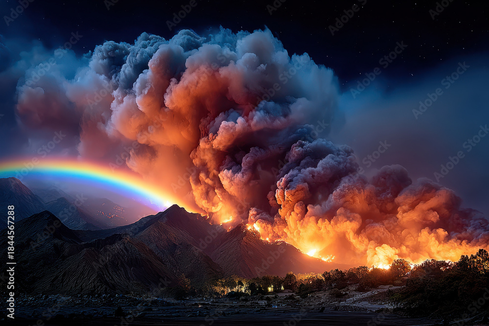 Fototapeta premium Volcanic eruption with rainbow at night