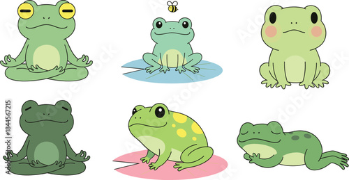 Cute Frog Character Set with Different Poses Expressions and Colors in Flat Cartoon Vector Illustration