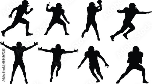 American football player silhouettes in dynamic action poses, professional sports illustration set, athletic movement, competition energy, isolated on white background