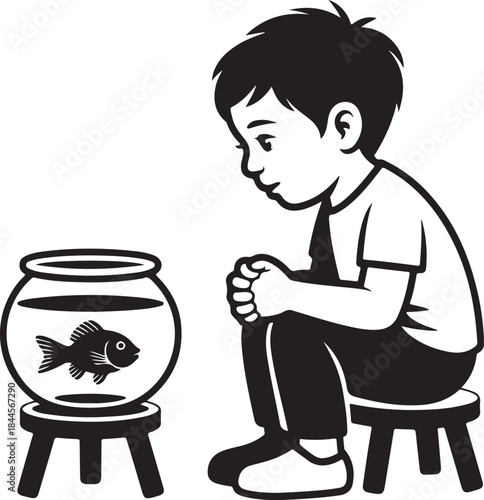 Young boy on stool peeking into a fishbowl at a single goldfish on a wooden table silhouette vector