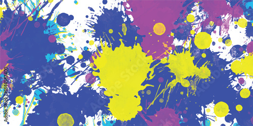 Vibrant abstract background of colorful paint splatters and splashes in blue, purple, yellow, and teal on a white canvas, creating a dynamic and energetic artistic composition