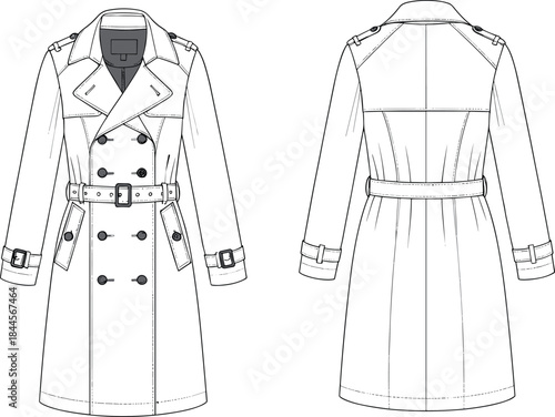 Trench coat technical fashion sketch, front and back view, double-breasted design, belted waist, epaulets, garment construction vector template