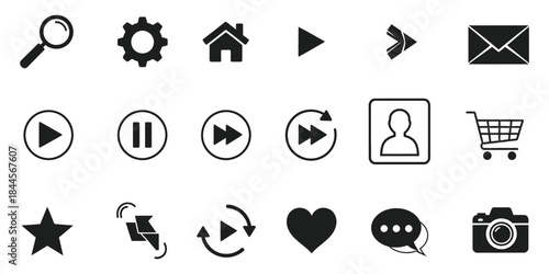 Collection of user interface icons representing various functions like search, settings, home, play, pause, forward, mail, user profile, shopping cart, favorite, refresh, speech bubble, and camera