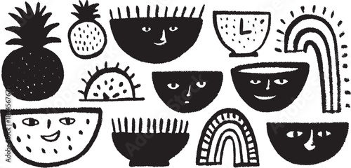 Pineapple and bowl pattern in black and white. Simple vector illustration featuring abstract shapes and smiling faces in a playful design set.
