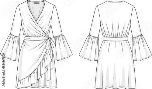 Wrap dress technical fashion sketch, front and back view, flared sleeve design, asymmetrical hem, garment construction, feminine apparel vector template
