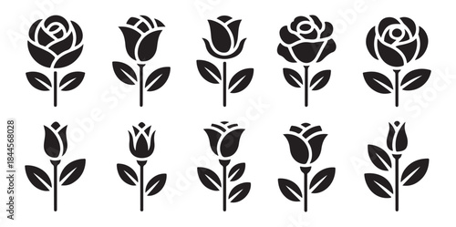Set of ten stylized rose flower icons with thick outlines and leaves vector illustration on white background
